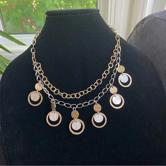 Two Tone Brushed Gold and Silver Unique Geometric Circle Pendant Necklace - Picture 7 of 7